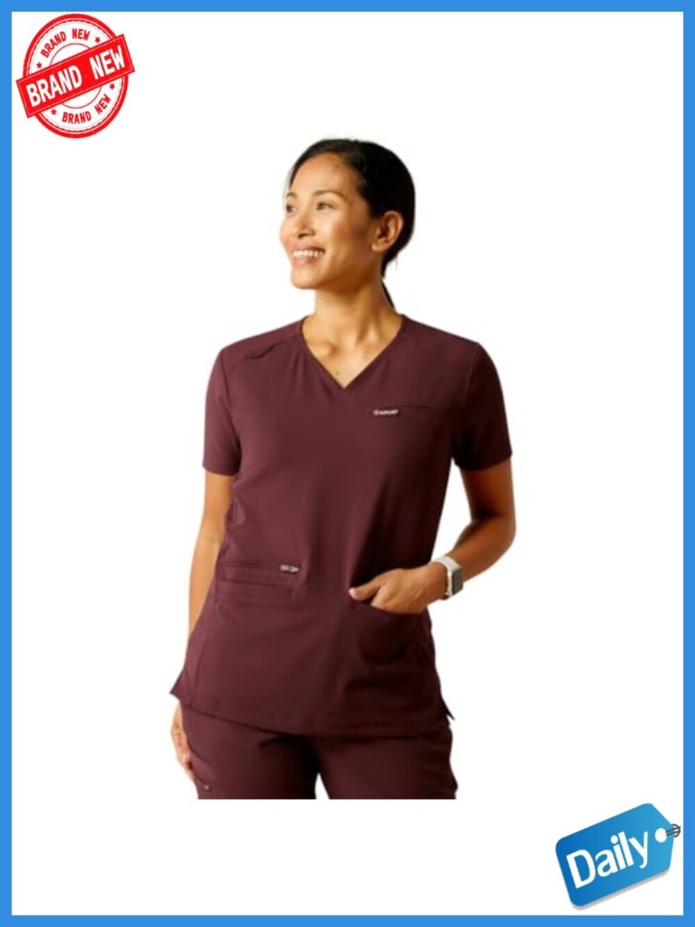 Women's Medical Scrub Top with Six Pockets, V-Neck Short Sleeve, Recycled